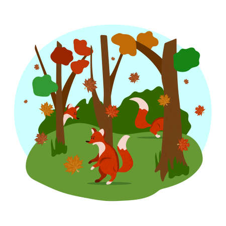 Cozy cute bright illustration for children's book about wild animals. Funny foxes run and play in the autumn forest. Images for encyclopedias, fairy tales, nursery room, playroom, children's posterのイラスト素材