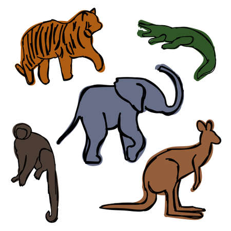 Set of different wild african tropical animals. Funny children's drawings in the style of hand draw. Simple minimalistic flat illustration. Tiger, elephant, alligator, crocodile, monkey, kangarooのイラスト素材