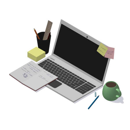 Cozy, compact and modern workplace in an isometric perspective. Workspace for an office worker, freelancer, designer, writer, programmer or student. Arranging a home office. Poster banner templateのイラスト素材