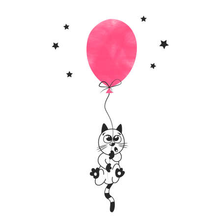 Beautiful pastel illustration for nursery poster design. Little cute kitten flies on a pink balloon. A simple children's drawing in the Scandinavian style. Cool print for baby clothes. Label, emblemのイラスト素材