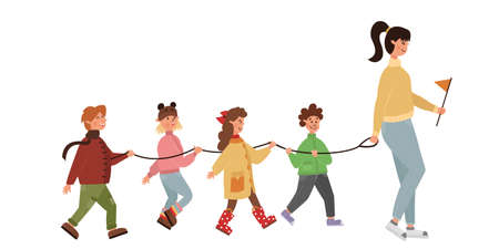 Kindergarten group on an autumn walk with a tutor. Happy cheerful children go in a row holding a special leash. Childhood, games and outdoor entertainment. Colored flat illustration for book, magazineのイラスト素材