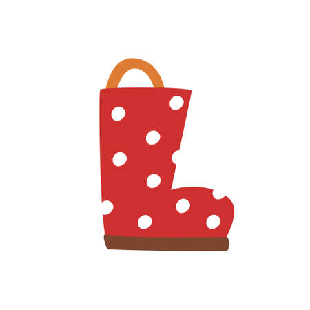 Women's red autumn boots in white polka dots. Children's rubber bands for wet and rainy weather. Simple colored flat shoes icon. Funny cute illustration for the design of kindergarten, children's bookのイラスト素材