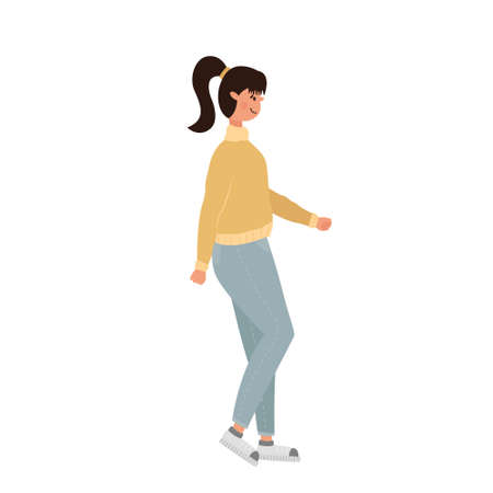 Simple cartoon flat illustration of a young woman in full growth. An adult girl with a high tail walks down the street in autumn casual clothes. Human clipart for banner, poster, advertising design.のイラスト素材