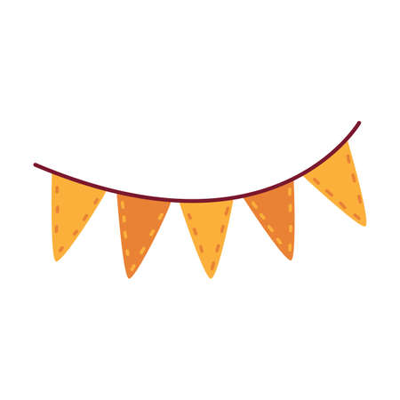 Cute cartoon yellow orange flag for harvest holiday. Traditional garland of triangular flags. Festive home decor for Thanksgiving. Element, clipart, object, item for design of invitations, posters.のイラスト素材