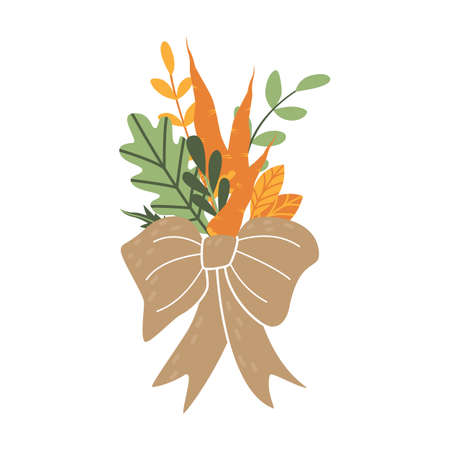 Original bouquet of ripe carrots and autumn fallen leaves. Festive decoration for the harvest day. Cute cartoon vegetable arrangement with a big bow for a Thanksgiving gift. Element, clipart, item.のイラスト素材