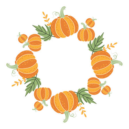 Unusual decorative round frame of pumpkins and fallen leaves. Autumn vegetable wreath for harvest day, Thanksgiving. Simple clipart, element, object for design of invitations, postcardsのイラスト素材