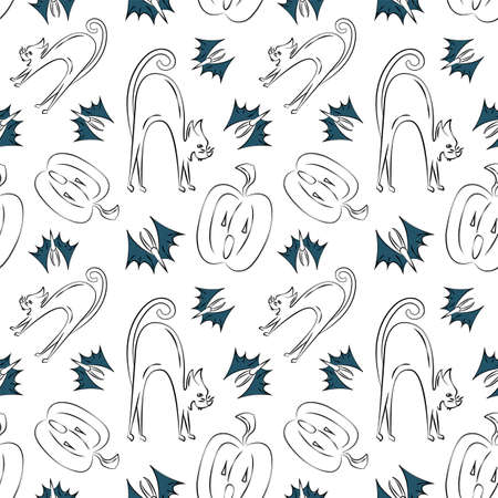 Cute Halloween seamless pattern with doodle cats, bats and jack o'lantern pumpkins. Festive print in hand drawn style. Spooky wallpaper design, party dishes, wrapping paper, greeting card, invitation.のイラスト素材