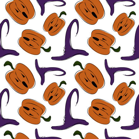 Colored Halloween cartoon seamless pattern with witch hat and jack o'lantern pumpkin. Spooky design for party dishes, holiday wrapping paper, wallpaper in the room of horror. Print for greeting cards.のイラスト素材