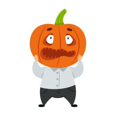 Funny Halloween pumpkin character. Festive costume for spooky party. Scared facial expression. Cool print with monster for children's school supplies, greeting card, holiday packaging. Cartoon mascotのイラスト素材