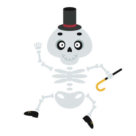 Funny dancing skeleton in hat, shoes and with stick. Cool print with monster for children school supplies, greeting card, holiday packaging. Mascot for autumn holiday design. Costume for spooky party.のイラスト素材