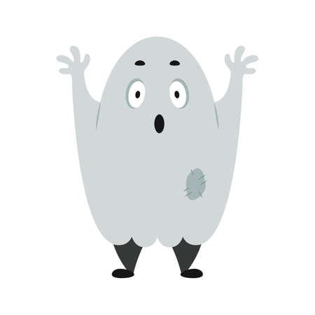 Ghost under the sheet. Funny cartoon Halloween character. Cute costume for spooky party. Spirit scares. Boo. Cool mascot for autumn holiday promotion. Isolated clipart for seasonal packaging design.のイラスト素材