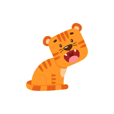 Cute little tiger growls sitting. Simple cartoon flat illustration for kids. Cool wild animal character. Symbol of the new year 2022 in the eastern horoscope.のイラスト素材