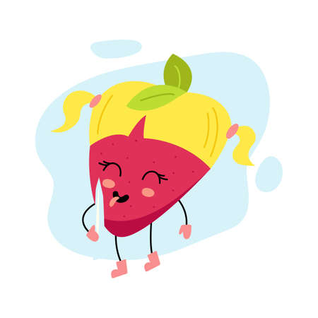 Kawaii strawberry character. Funny winter mascot eats icicles. Cute happy berry. Humorous element for New Year and Christmas design of greeting cards, banners, festive packaging of children's goods.のイラスト素材