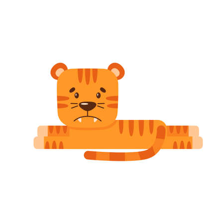 The little cartoon tiger is lying and sad. Cute wild animal. Simple flat illustration for babies, toddlers and kids. Design element for advertising and packaging of goods.のイラスト素材