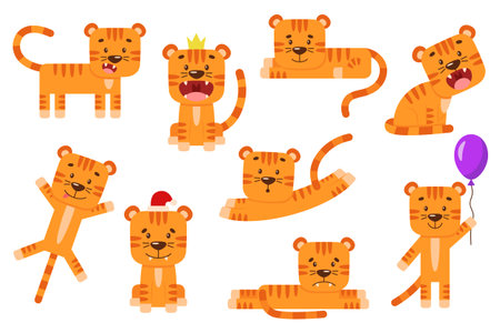 Set of little cartoon tigers in different poses and scenes. Cute wild animal in flat style. Symbol of the Chinese New Year. Simple illustration for baby clothes design, food packaging for kids.のイラスト素材