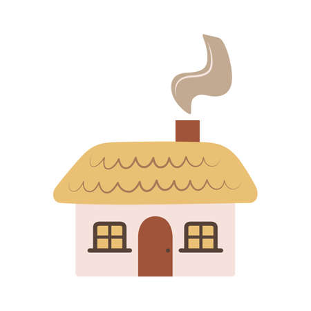 Cute cartoon village hut. Little doodle house. Rural life item. Thatched roof, smoke chimney. beautiful farm icon. Simple flat illustration for design of stickers, children's games, clothing prints.のイラスト素材