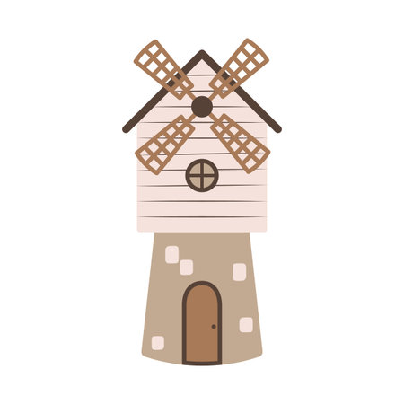 Cute cartoon mill. Simple flat icon in the Scandinavian style. Traditional building on a farm or ranch. Item of rural life and agriculture. Traditional grain harvesting technologies.のイラスト素材