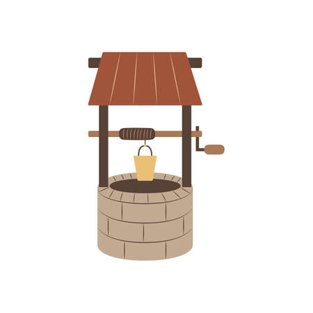 Cute cartoon well. Bucket for water on a rope. Item of rural life. Simple flat icon. Element of a farm, ranch or village. Clipart for educational childrens games and books. Agricultureのイラスト素材