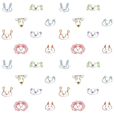 Cute seamless pattern with the faces of different animals. Cartoon muzzles of cat, dog, sheep, lamb. The heads of a bear, fox, hare or rabbit. Funny faces of squirrel, giraffe and cow. Nursery design.のイラスト素材