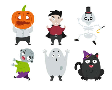 Cartoon set of Halloween characters. Vector zombie, vampire, pumpkin head, cute cat, ghost and skeleton. Great for party decoration or sticker.のイラスト素材
