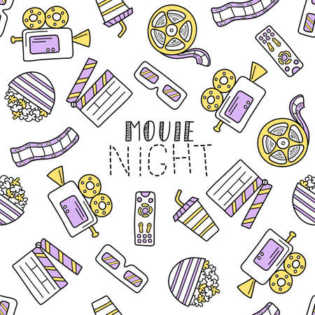 Cinema seamless pattern. Doodle hand drawn style. Cinema elements for media production, festival, theater background. Vector illustration. Movie night lettering.のイラスト素材