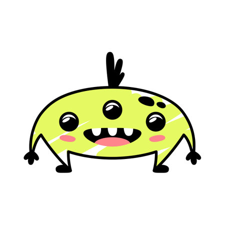 Funny cartoon yellow monster smiling kindly. A fictional character for children. Cute alien icon in doodle style. A good mascot for the brand. A cool print for childrens products.のイラスト素材