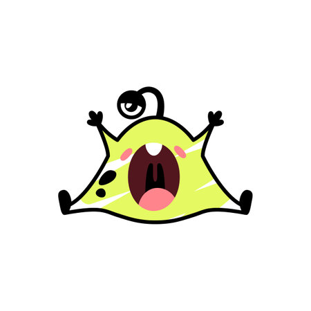 Funny cartoon yellow monster yawns tiredly. A fictional character for children. Cute alien icon in doodle style. Mascot for the brand. A cool print for childrens products.のイラスト素材