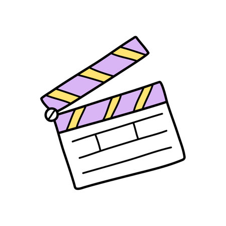 Movie clapperboard doodle icon. Film clapper for cinema production. Board clap for video clip scene start. Lights, camera, action. Hand drawn sketch in vector.のイラスト素材