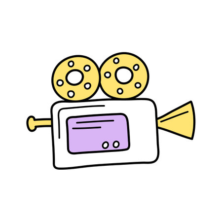Cinema camera. Retro cinema projector. Vintage film icon. Handdrawn outline. Doodle vector illustration. Isolated on white background.のイラスト素材