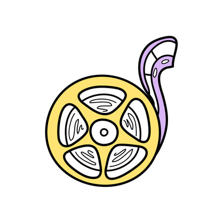Movie camera reel hand drawn outline doodle icon. Motion movie, film and cinema camera reel vector illustration for print, web, mobile isolated on white background.のイラスト素材