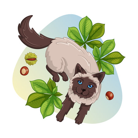 Siamese cat in chestnut leaf. Cute cartoon illustration. Beautiful ready-made clipart for autumn greeting card design. Concept for design of gift products. Print for decorative dishes, clothes, goods.のイラスト素材