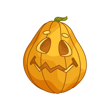 Funny jack-o-lantern pumpkin. Halloween smiling character for design of greeting cards, banners, posters and stickers. Traditional decor for an autumn holiday. Cute cartoon flat illustration.のイラスト素材