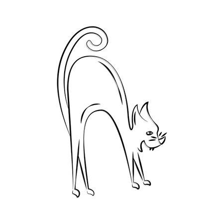 The angry cat hisses. Simple linear illustration in doodle style. Sketch of an animal. Clipart for design of cards, stickers, Halloween decor.のイラスト素材