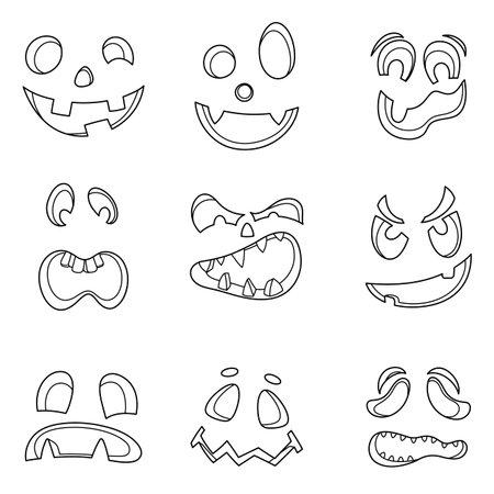 A set of emotional facial expressions for the jack-o-lantern pumpkin. A collection of different eyes and mouths for cartoon characters for Halloween. Customizable elements for design.のイラスト素材