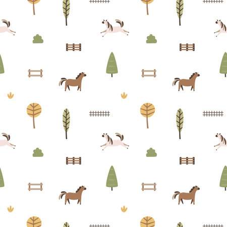 Cute seamless pattern with farm items in scandinavian style. Cartoon print for wallpaper and bedding to design a nursery, playroom or childrens bedroom. Background for board gameのイラスト素材