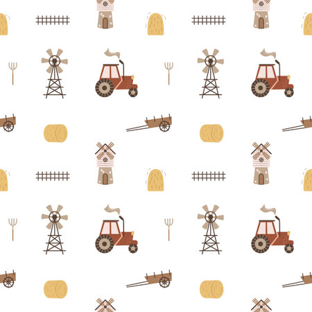 Cute seamless pattern with farm items in scandinavian style. Cartoon print for wallpaper and bedding to design a nursery, playroom or childrens bedroom. Background for board gameのイラスト素材