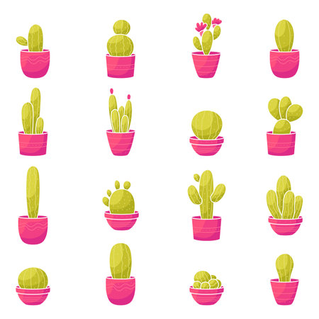 Cactus set. A collection of cute minimalist flat plants in pots. Simple cartoon clipart illustrations to print on stickers. Logos and emblems for a flower shop. Clipart for packaging designのイラスト素材