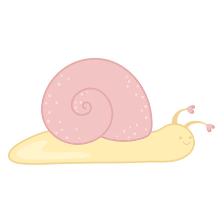 Cute snail in love. Pink and yellow colors. Simple illustration in kawaii style. Design element for prints and stickers. Clipart for Valentines Dayのイラスト素材