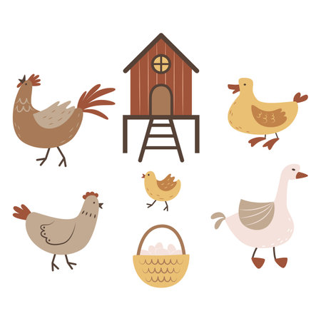 Cartoon set of poultry. A chicken coop and a basket with eggs. Various birds for the farm, ranch, household. Chicken, rooster and chicken. Duck and goose.のイラスト素材