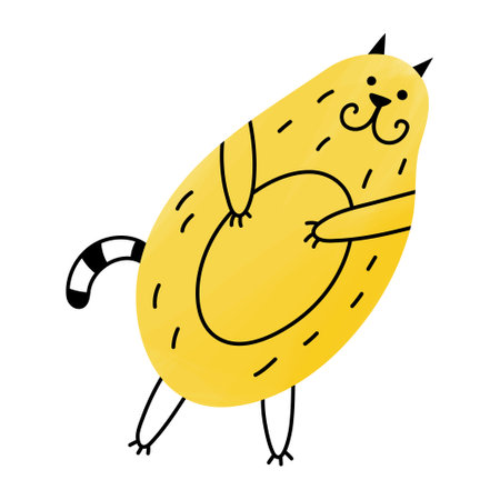 Funny cute cat in doodle style. A simple stylized animal in a strange pose. Gradient or watercolor effect. Yellow fat character. Cute element for baby clothes design. Isolated clipartのイラスト素材