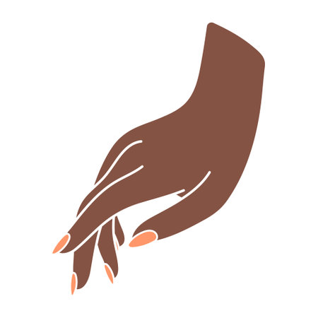 Female hand in relaxed pose. Beautiful arm of black woman. Reaches for something. Palm down perspective. Delicate minimalist illustration in boho style. Fashionable manicure. Non-verbal gesture.のイラスト素材
