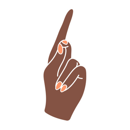 Elegant female hand with palm forward. Raised index finger. Arm with wrist and fingers of a black woman. Gesture. Nonverbal language. Delicate illustration in boho style. Simple clipart.のイラスト素材