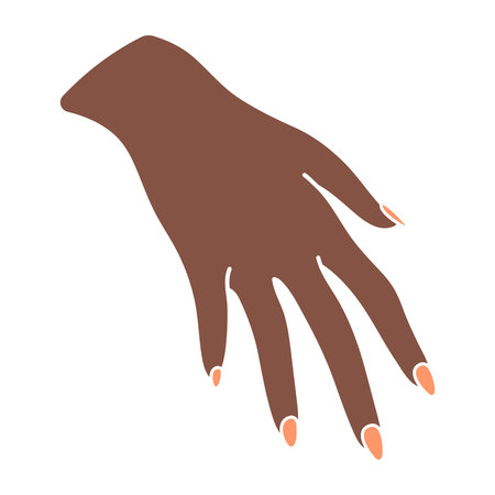 Female hand with palm down. Spread fingers. Arm of a black woman. A gesture or sign. Non-verbal language. Delicate minimalist illustration in boho style. Beautiful manicure. Simple clipartのイラスト素材