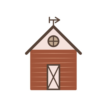Red barn or pantry. An exterior object on a ranch or farm. Doodle art. Isolated flat vector illustration. Simple hand drawn clipart. Design element. Farming and agriculture.のイラスト素材