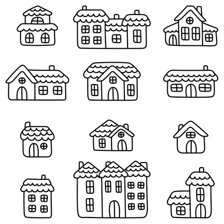 A collection of simple and cute linear houses. Doodle art illustration. Set of flat elements for the design of childrens goods and clothes. Kawaii cottages, manors and townhouses in childrens styleのイラスト素材