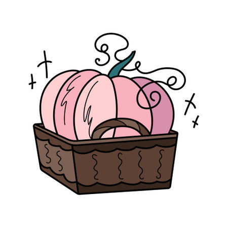 Autumn pumpkin in basket Ñute hand drawn illustration. Adorable kawaii composition. Vector cartoon flat clipart for seasonal greeting cards, stickers, packaging.のイラスト素材