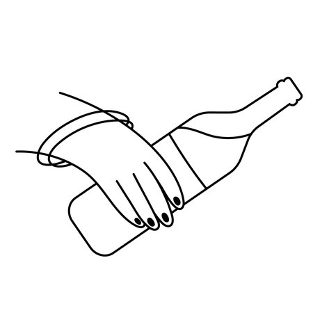Female hand with a bottle of wine. Alcohol abuse addiction illustration. Mental health problems. Hand drawn line icon.のイラスト素材