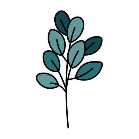 Cute green twig with leaves. Hand drawn detailed vector illustration.のイラスト素材