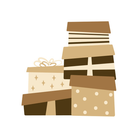 Mountain of craft gift boxes for Christmas, New Year or birthday. Flat design element.のイラスト素材