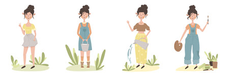 Female characters are engaged in household activities and domestic hobbiesのイラスト素材